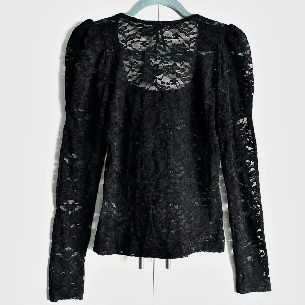 Anthropologie Puff-Sleeve Sheer Lace Top Blouse in Black Onyx Size S NWT